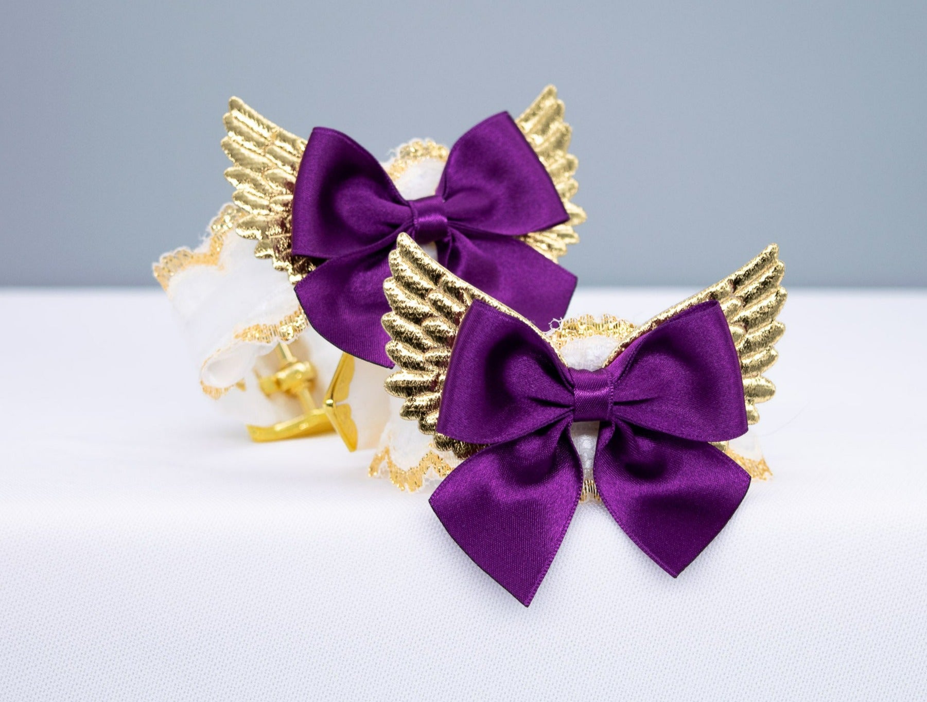 White Lace Plum Bows Winged BDSM Cuffs in Gold