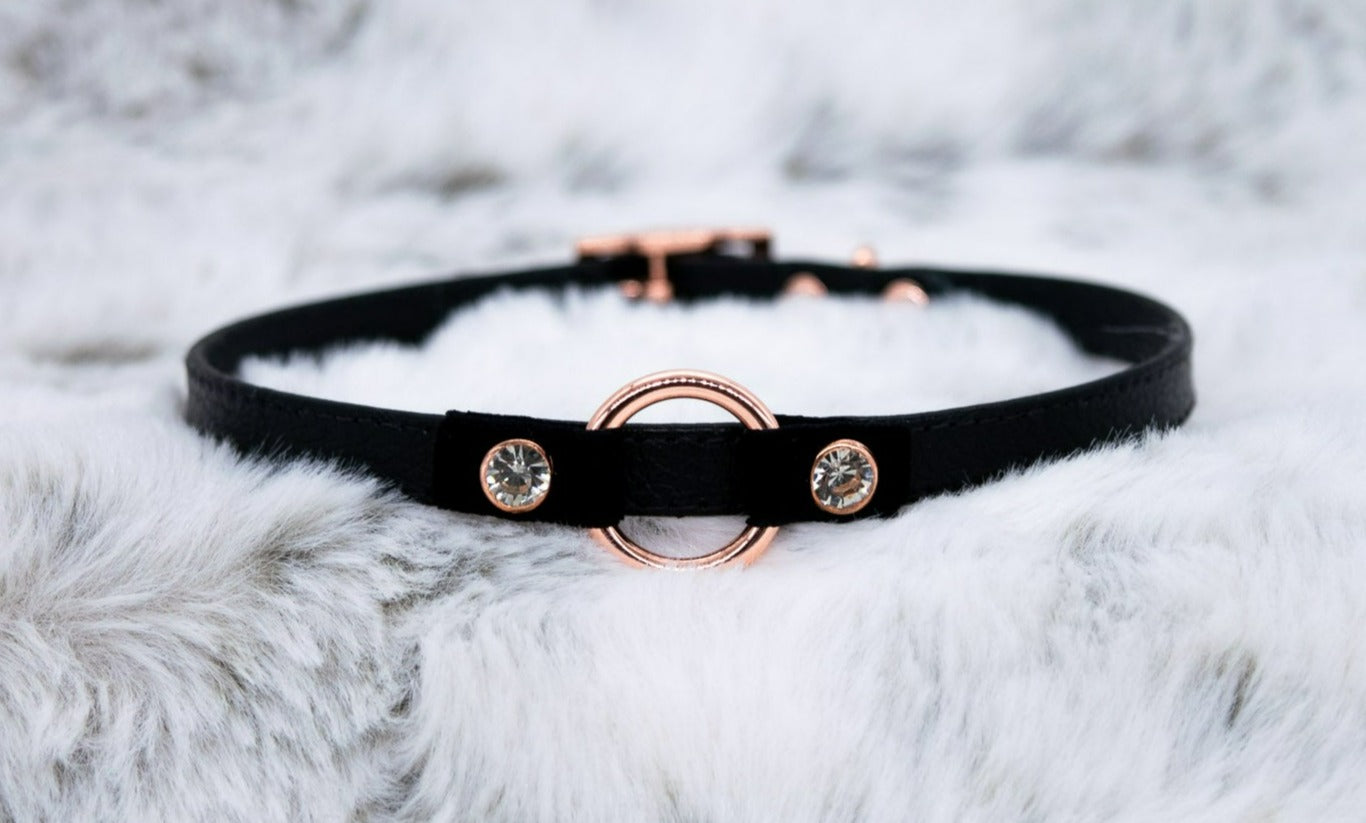 3/8" O-ring Black Leather and Velvet Collar in Rose Gold
