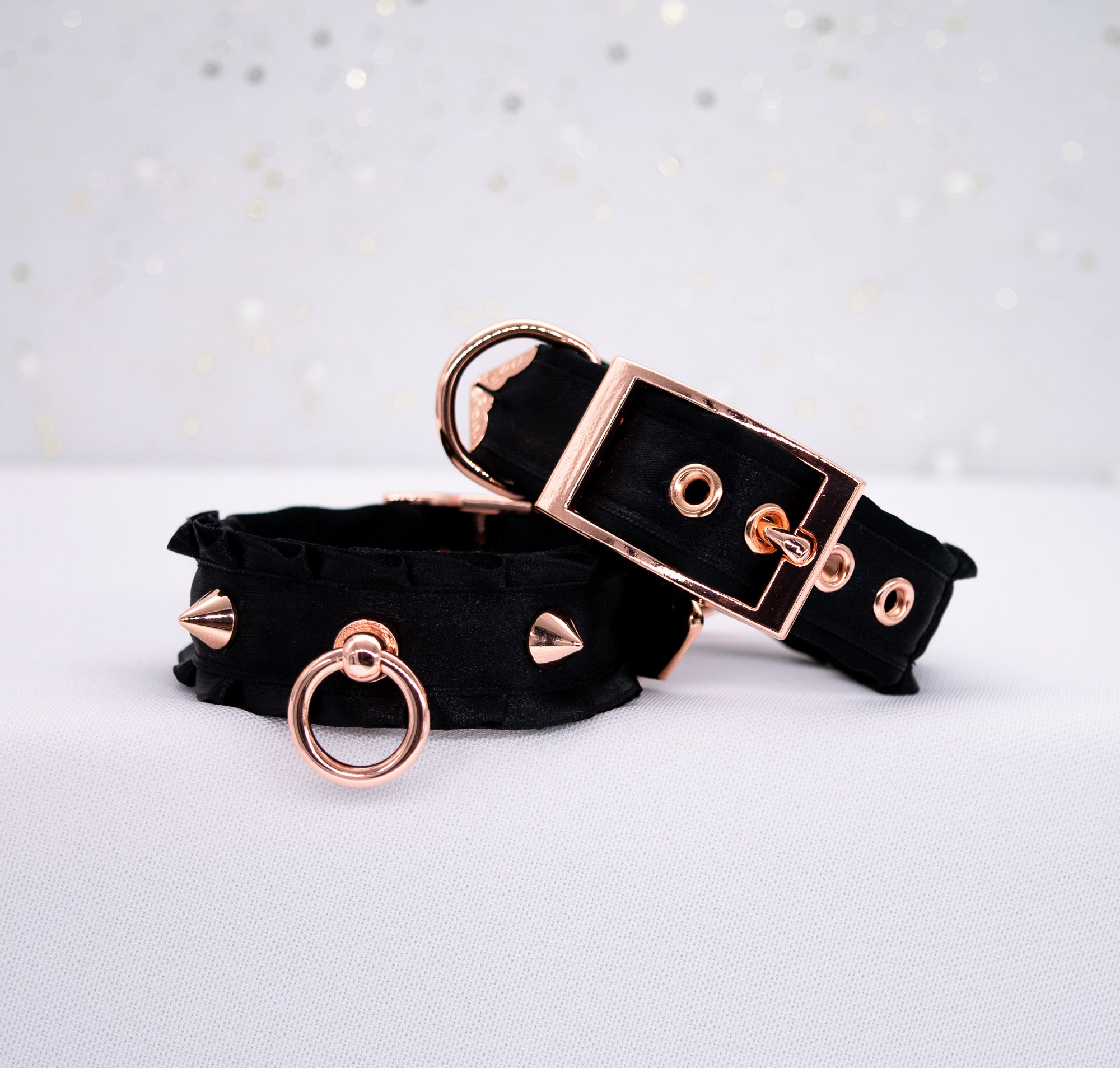 Black O-Ring BDSM Cuffs in Rose Gold