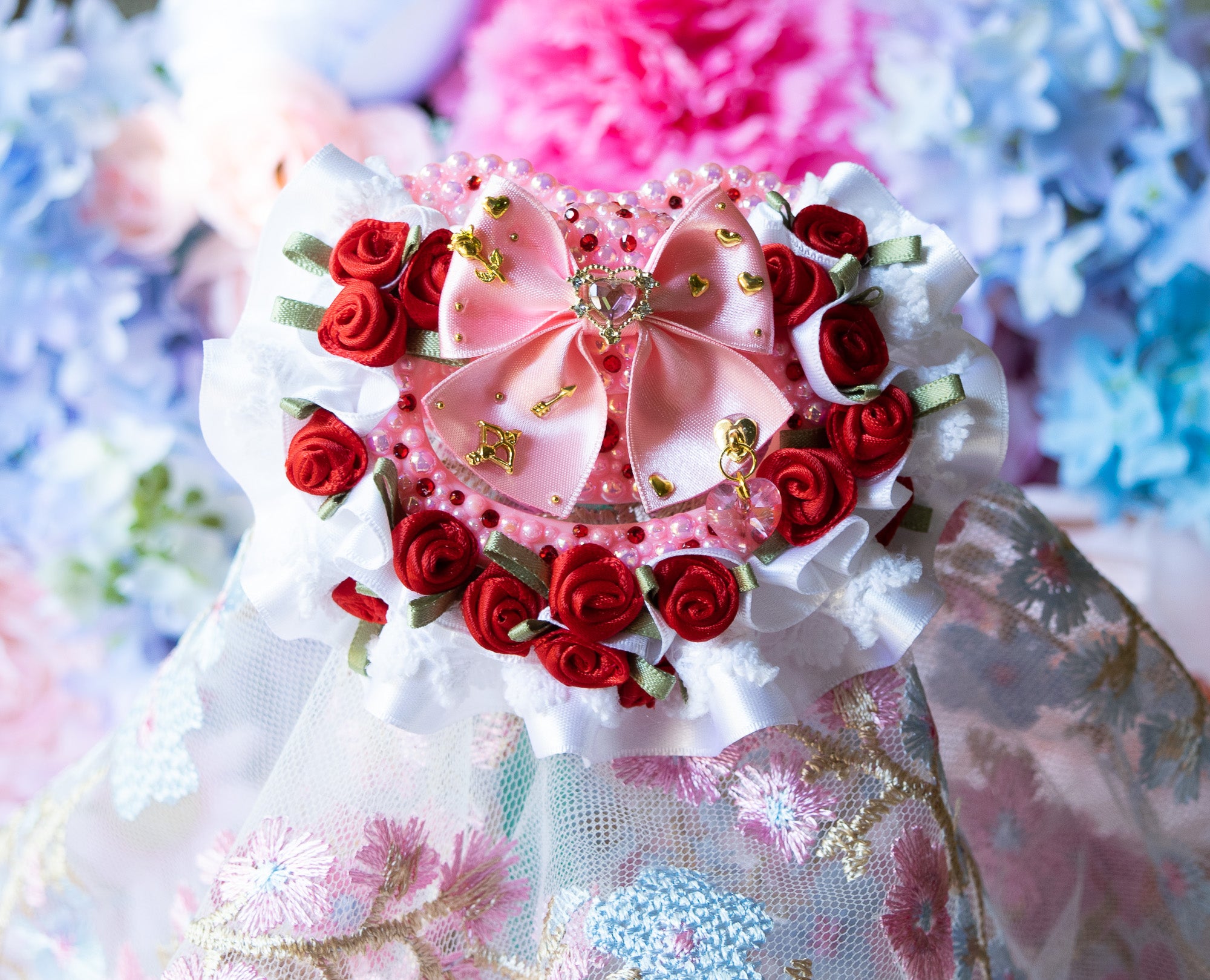 White Satin & Lace Frill ~  Red Roses for Love ~ Gold Luxury Adult Pacifier