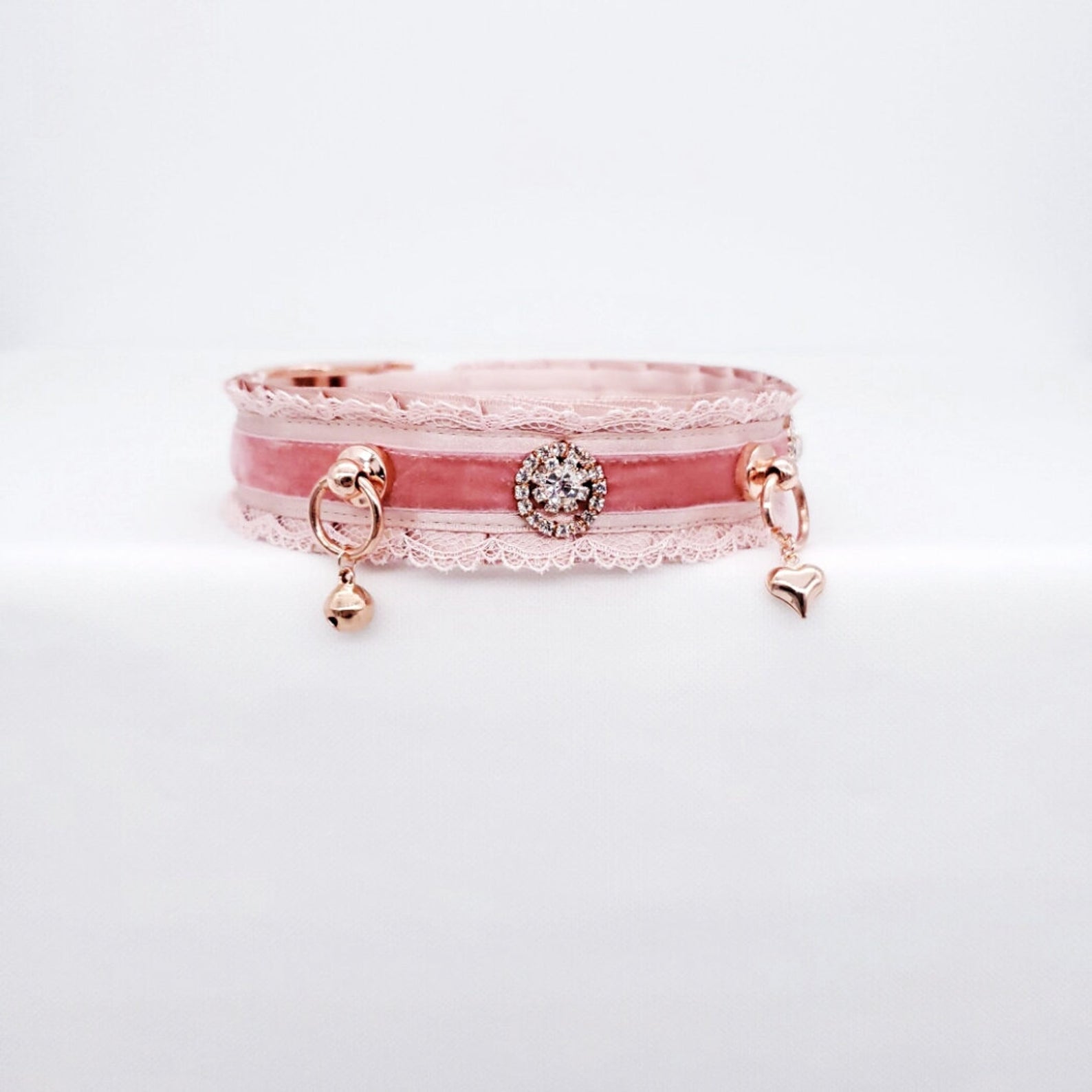 Blush Velvet, Lace and Crystals - Rose Gold Luxury Pet Play Collar