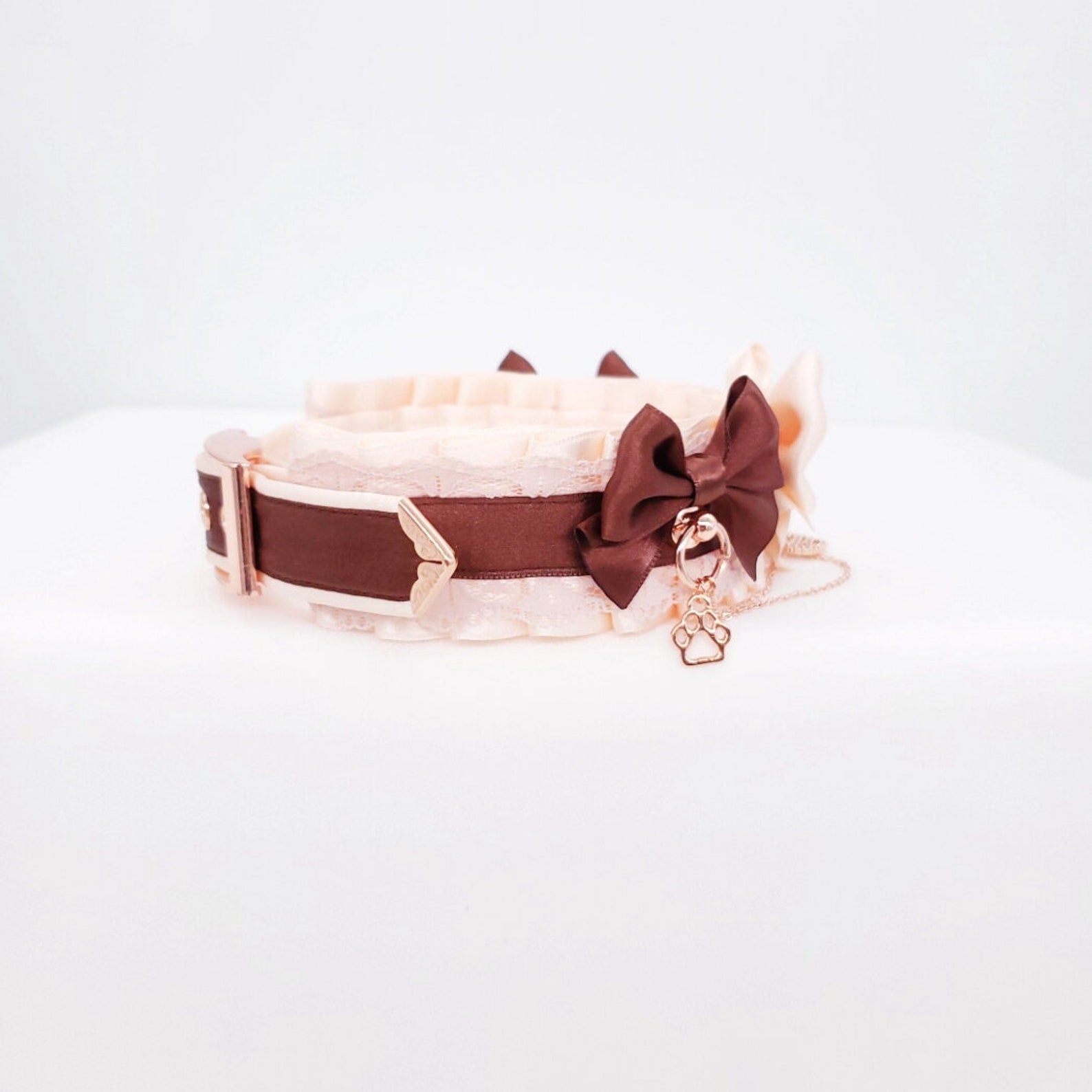 Cream and Chocolate Brown Puppy Pet Play Collar and Leash Set - Rose Gold