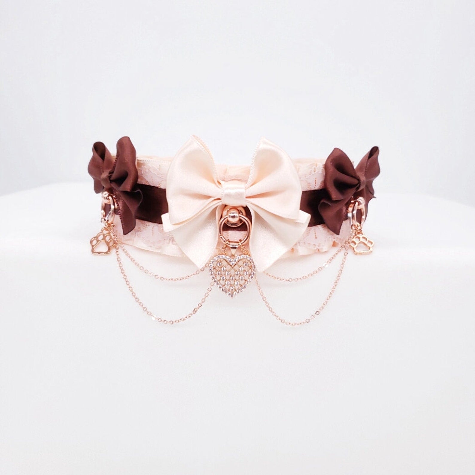 Cream and Chocolate Brown Puppy Pet Play Collar and Leash Set - Rose Gold