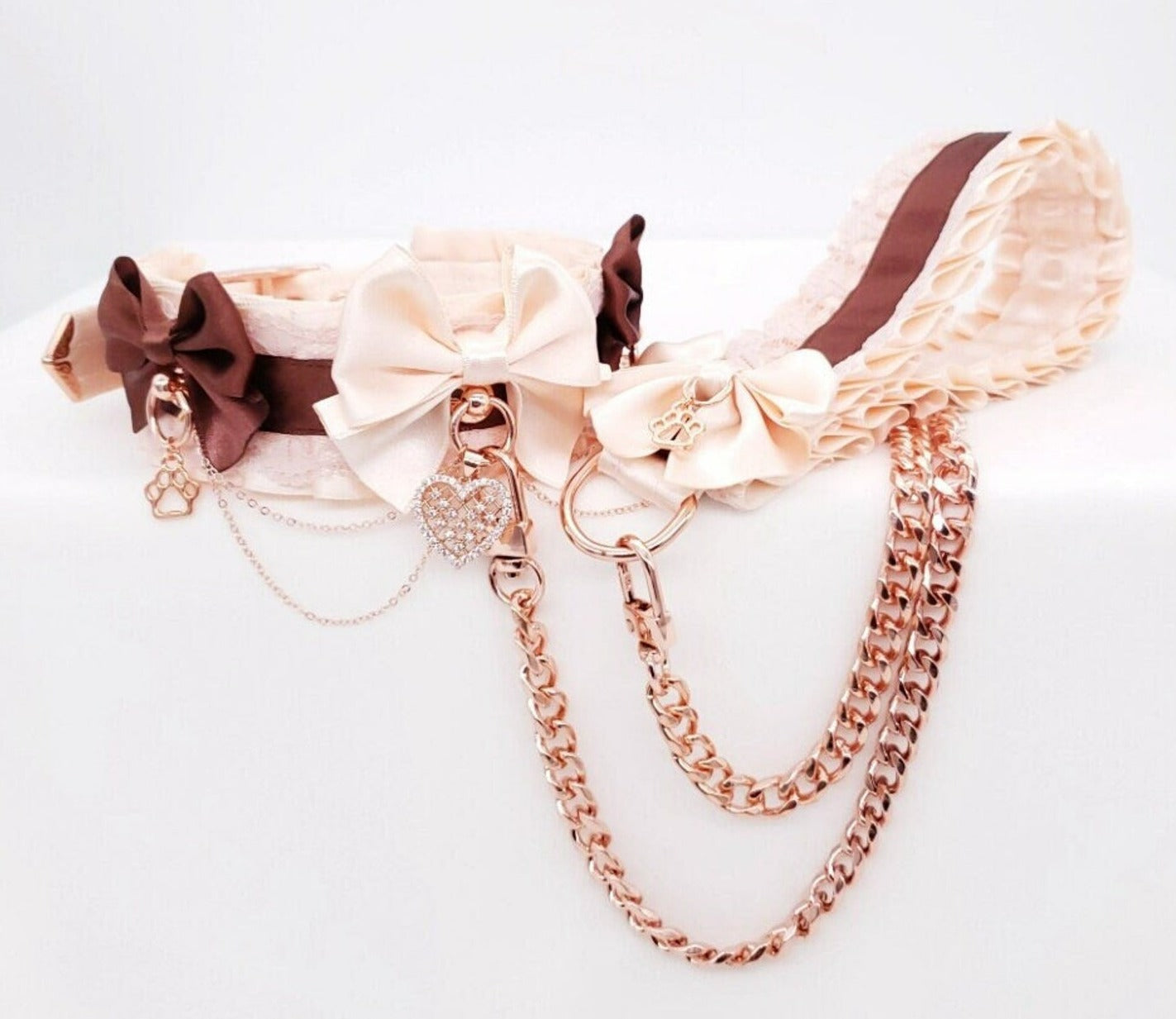 Cream and Chocolate Brown Puppy Pet Play Collar and Leash Set - Rose Gold